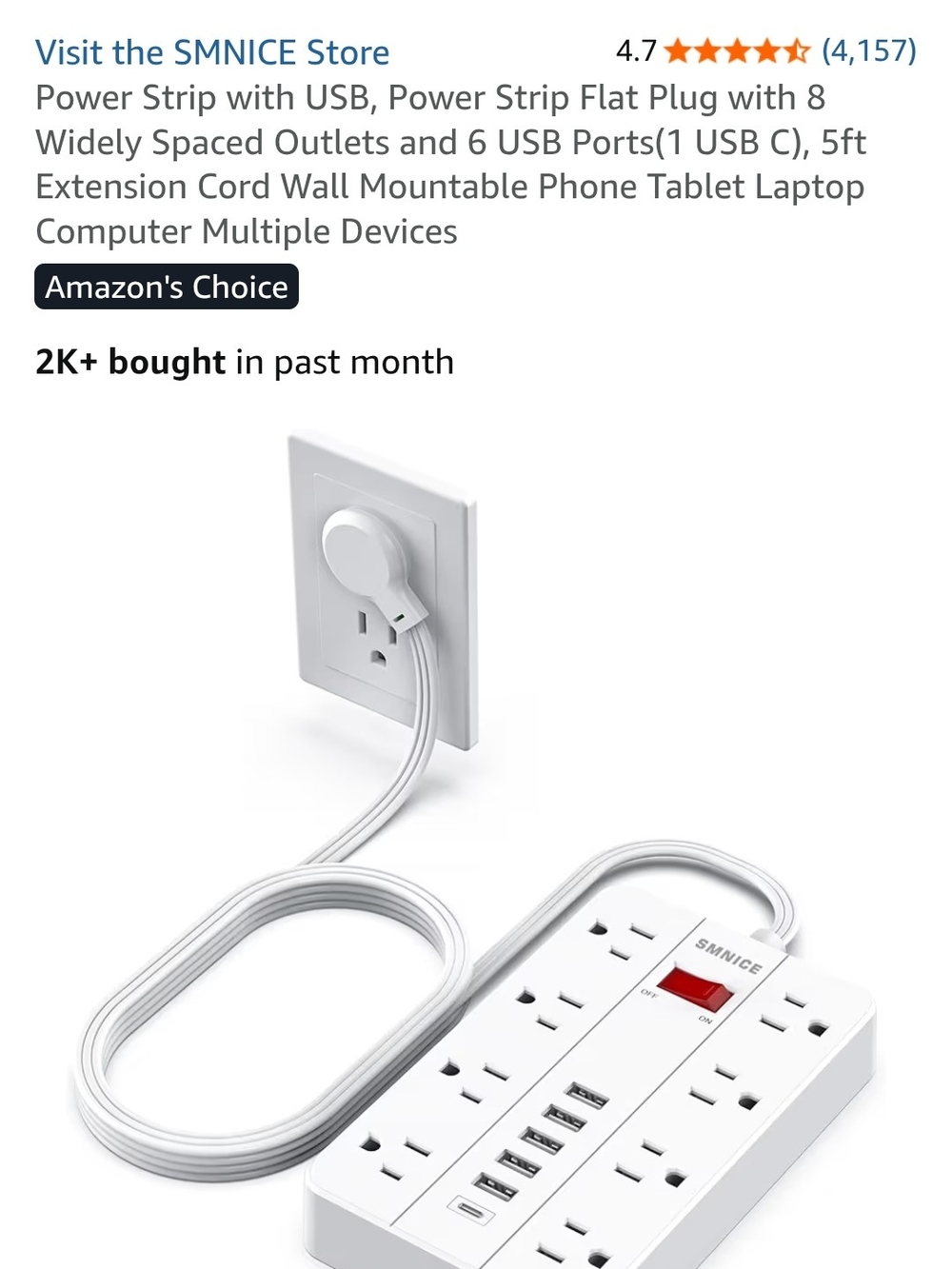 SMNICE Power Strip with 6 USB Ports - White